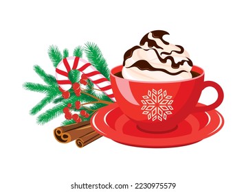 Red mug of hot chocolate with whipped cream icon vector. Cup of cocoa drawing. Winter beverage and christmas decorations icon vector isolated on a white background