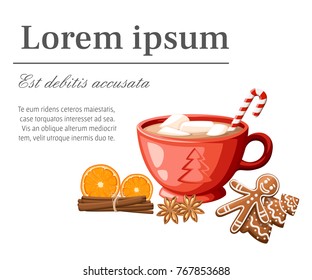 Red mug of hot cocoa or coffee with candy stick and marshmallows vector illustration isolated on white background web site page and mobile app design.