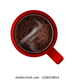 Red mug with hot coffee. View from above. Texture of coffee foam with bubbles and steam. Isolated on white