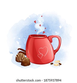 Red mug with hot drink and chocolates. Watercolor background.