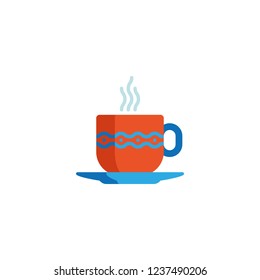 Red mug of hot drink on a blue saucer.
