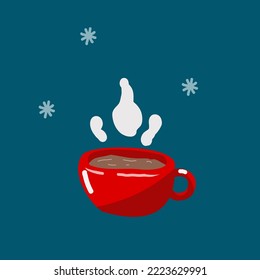 Red mug with hot drink on a blue background. Illustration with a warm drink.