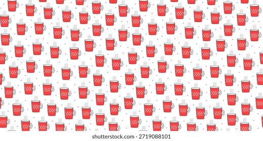 Taza roja, bebida caliente, modelo inconsútil. Icono lineal de invierno, copos de nieve. Dibujado a mano. Taza de té. Dibujo de contorno. Repitiendo antecedentes.