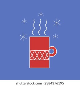 Mugre roja con una bebida caliente. Icono lineal invernal, copos de nieve. Ilustración vectorial. Impresión gráfica. Fondo aislado.