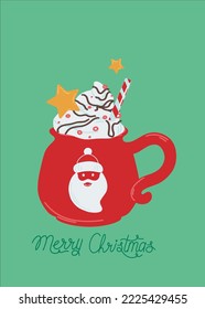 Red mug with hot winter drink, whipped cream and straw. Traditional winter drink, tea, hot chocolate, cocoa. Vector christmas illustration. Traditional design.