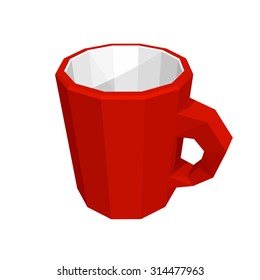 Red mug isolated on white background. Low poly style. Vector illustration.