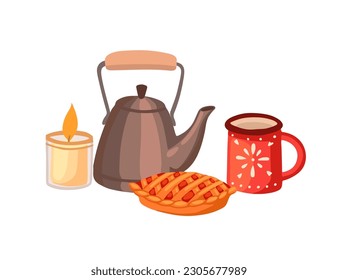 Red mug with kettle and pie vector illustration isolated on white background