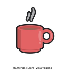 red mug with outline flat vector design.