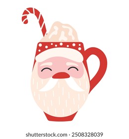 Red mug with Santa Claus. Christmas hot chocolate in cup in shape of Santa Claus head, eggnog drink. Vector mug or cup winter holiday cocoa, cocktail, eggnog, coffee.