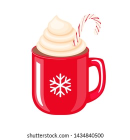 Red mug with the snowflake and coffee or hot chocolate with whipped cream and candy vector illustration isolated on white background. Winter hot drinks.