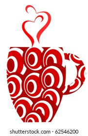 Red mug with stylish pattern and heart shaped steam
