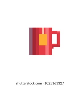 Red mug of tea pixel art cup icon isolated vector illustration. Sticker design. 8-bit.