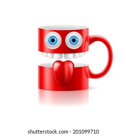 Red mug of two parts with teeth, tongue and a couple of blue eyes.