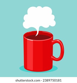 Red mug with white cloud of smoke for text. Copy space. Vector cartoon flat illustration of cup of coffee or tea.