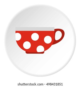 Red mug with white polka dots icon. Flat illustration of red mug with white polka dots vector icon for web