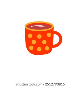 Red mug with yellow polka dots  with hot chocolate, cozy isolated illustration on a white background. 