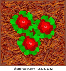 Red mulch and flowers. Bright mulch for flower beds using natural pine bark. Mulch gardening concept. Mulching of beds, plants, soil protection. Landscape design color mulch. Stock vector illustration