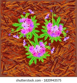 Red mulch and flowers. Bright mulch for flower beds using natural pine bark. Mulch gardening concept. Mulching of beds, plants, soil protection. Landscape design color mulch. Stock vector illustration