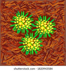 Red mulch and flowers. Bright mulch for flower beds using natural pine bark. Mulch gardening concept. Mulching of beds, plants, soil protection. Landscape design color mulch. Stock vector illustration