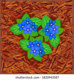 Red mulch and flowers. Bright mulch for flower beds using natural pine bark. Mulch gardening concept. Mulching of beds, plants, soil protection. Landscape design color mulch. Stock vector illustration