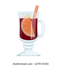 Red mulled wine in a Cup with orange slices and spices. Winter alcoholic drink.