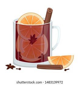 Red mulled wine in a Cup with orange slices, cinnamon, cloves and a tub. Winter alcoholic drink.