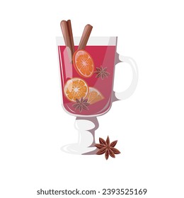 Roter Glühwein in einem Glas mit orangefarbenen Scheiben, Zimt und Sternanis. Winteralkohol. Handgezeichnetes Design-Element für Etiketten und Plakate.