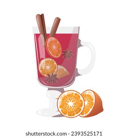 Red mulled wine in a glass cup with orange slices, cinnamon  and a star anise. Winter alcoholic drink. Hand drawn design element for label and poster.