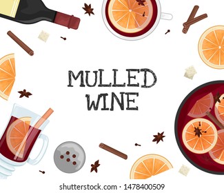 Red mulled wine in a pot with orange slices, cinnamon, cloves and a bucket. White mugs of mulled wine. Flat lay.