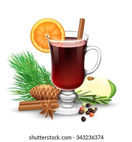 Red mulled wine for winter and Christmas with orange slice cinnamon sticks anise and pine branch vector illustration 