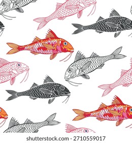 Salmonete rojo sobre fondo blanco. Patrón sin fisuras del arte. Vector. Perfecto para Plantillas de diseño, Fondo de pantalla, envoltura, tela, estampado y textil. Negro y coloreado sobre blanco.