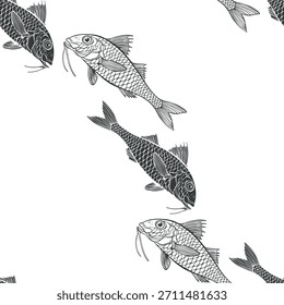 Red mullet on white background. Art seamless pattern. Vector. Perfect for design templates, wallpaper, wrapping, fabric, print and textile. Black silhouettes and contours on white.