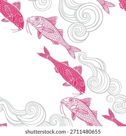 Red mullet and waves on white background. Art seamless pattern. Vector. Perfect for design templates, wallpaper, wrapping, fabric, print and textile. 