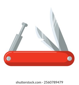 Red multi tool knife flat icon vector illustration, army folding knife clipart, multi knife clip art, pocket knife camping tool