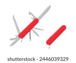 Red multifunctional pocket knife camping and hiking equipment set realistic vector illustration. Compact steel kit cutting opener screw corkscrew razor weapon multipurpose open and closed blade