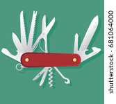 Red multifunctional pocket knife; Swiss Army folding knife, multipurpose penknife isolated 
