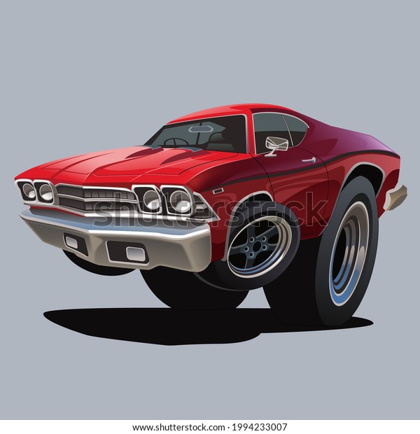 red muscle car with cartoon\
style