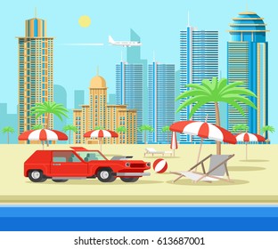 Red muscle car on beach seaside. Tropical resort with view on urban city umbrella chaise-longue 3d flat vector illustration 
