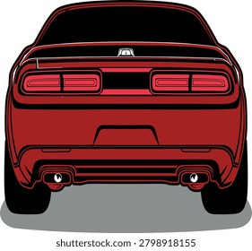 Red muscle car rear view vector illustration featuring dual exhausts, bold taillights, sporty stance, sleek design, and performance styling.