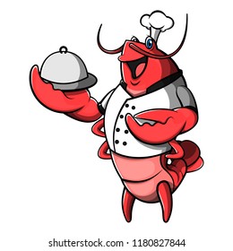 The Red Muscle Lobster Chef serves a Food in Platter Cartoon Vector