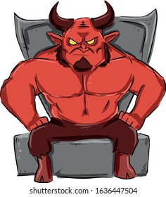 a red muscular devil with horns sits on a throne