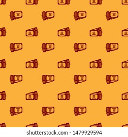 Red Museum ticket icon isolated seamless pattern on brown background. History museum ticket coupon event admit exhibition excursion.  Vector Illustration