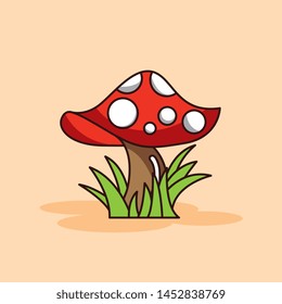 red mushroom between grass cartoon with shadow isolated. Vector illustration