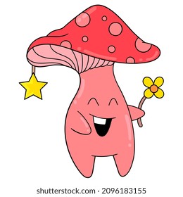 red mushroom is carrying a magic wand, vector illustration art. doodle icon image kawaii.