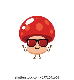 Red mushroom cartoon character with sunglasses vector on a white background