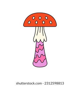 Red mushroom fly agaric on isolated background. Vector flat illustration in groovy style. Hippie nostalgic aesthetic. Funny and cute fungus illustration