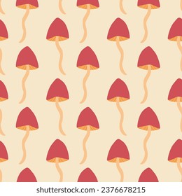 Red mushroom hand drawn vector illustration. Cute forest poisonous mushrooms seamless pattern for fabric or wallpaper.