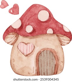 A red mushroom house with heart-shaped decorations