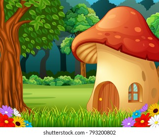 red mushroom house on forest