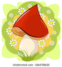 Red mushroom on the background of a blooming meadow. Wildflowers and grass. Vector isolated on white. Cartoon flat style. Beautiful little forest mushroom. Scenery. Landscape.